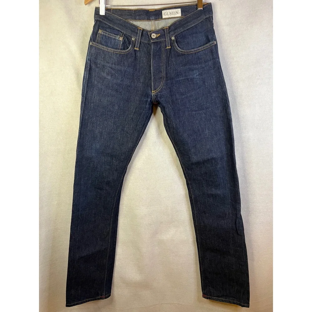 GUSTIN Raw Selvedge Denim Jeans Dark Indigo Slim Cut Button Fly USA 32 X 32